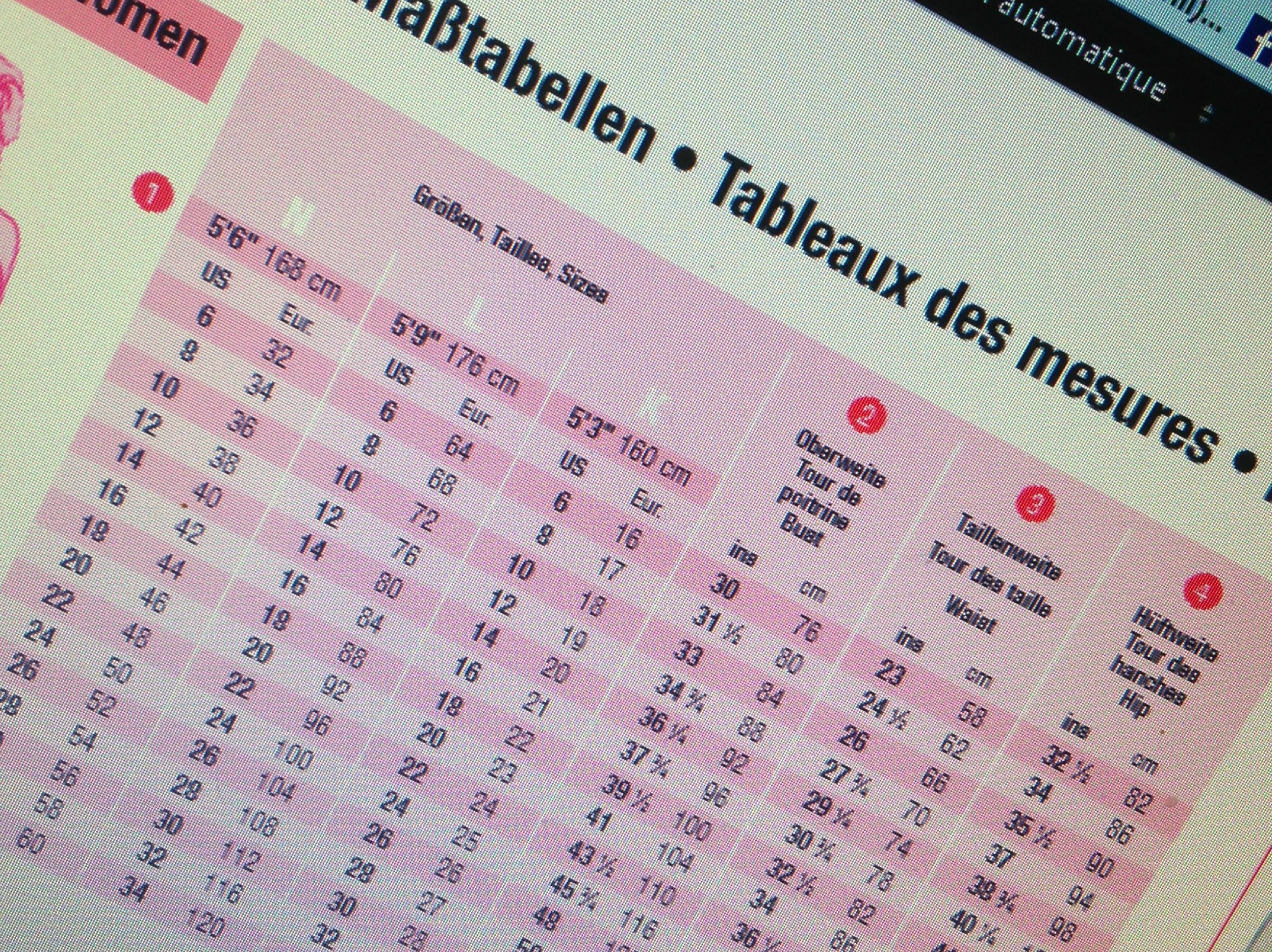 Tableau de mesures des patrons Burda